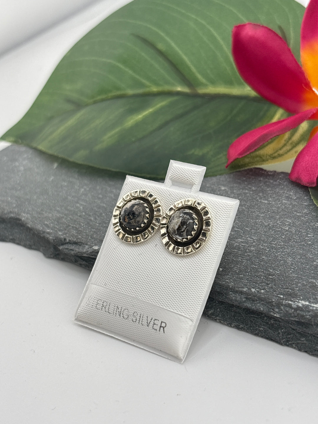 White Buffalo Round Stud Earrings