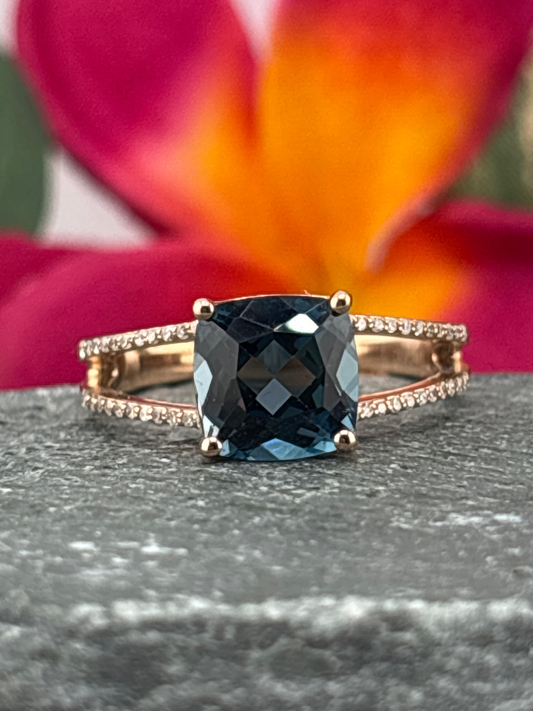10k Rose Gold, Natural Diamonds and London Blue Topaz Ring Size 7