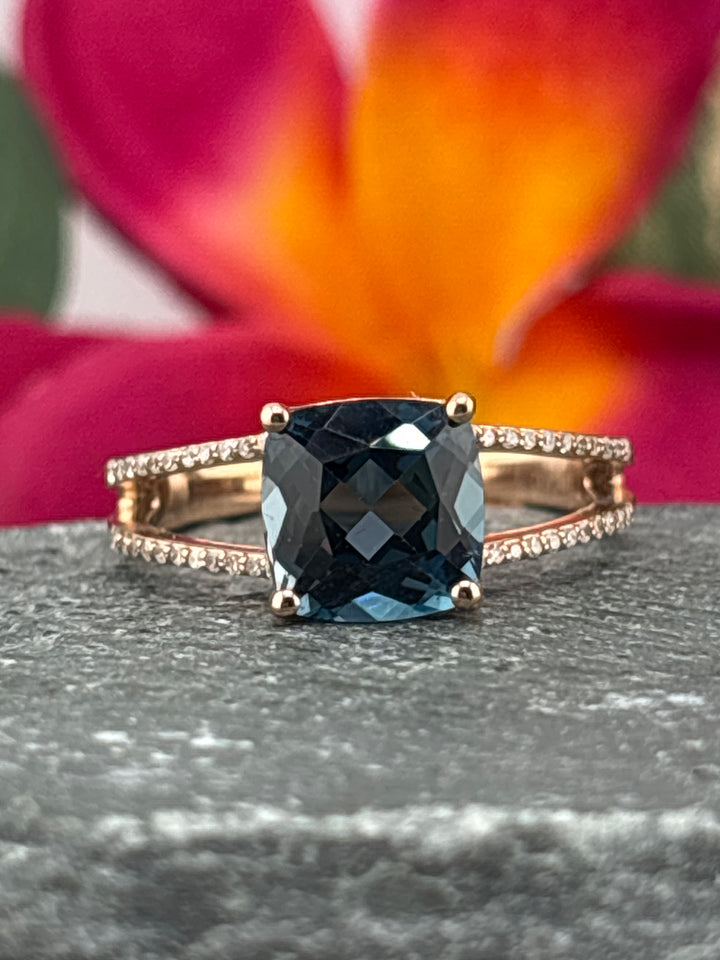 10k Rose Gold, Natural Diamonds and London Blue Topaz Ring Size 7