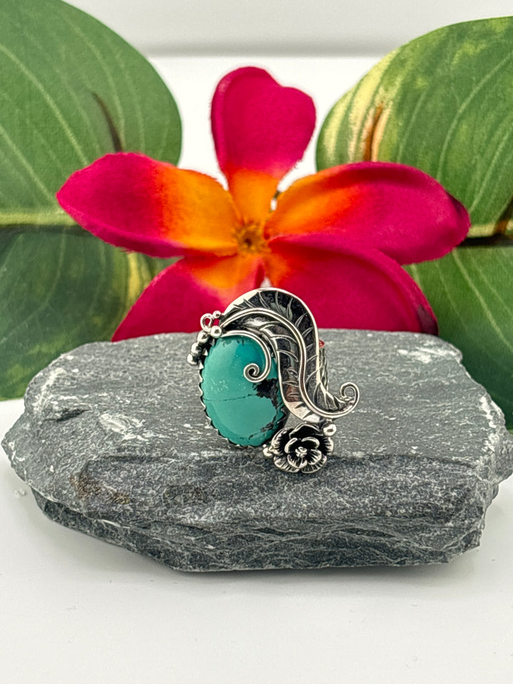 Hubei Turquoise w/Floral Design Ring Size 8 Adjustable