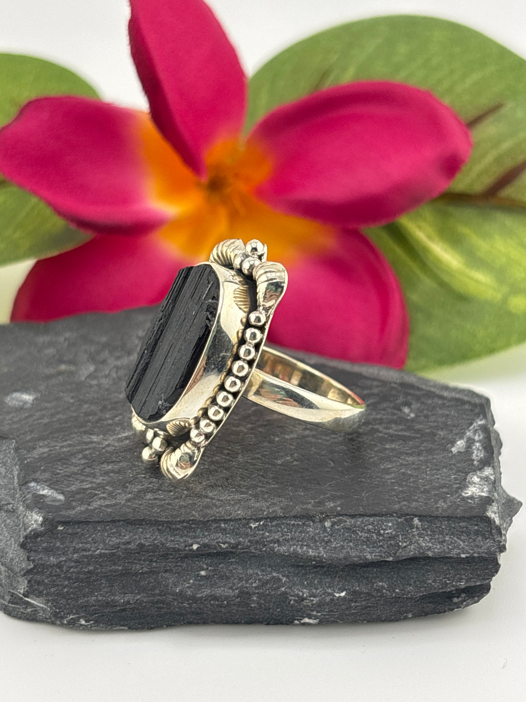 Raw Black Tourmaline and 925 Sterling Silver Ring Size 9