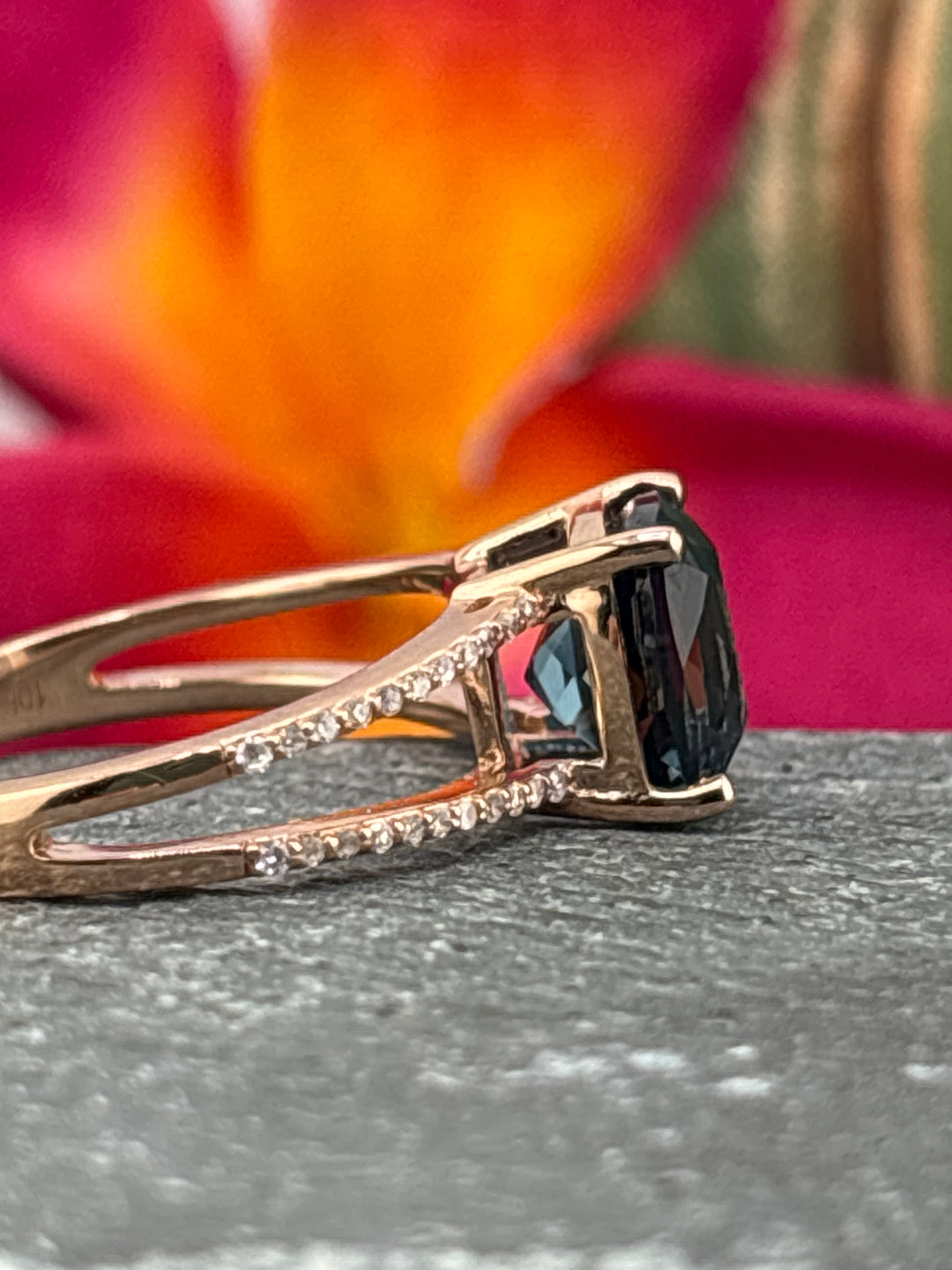 10k Rose Gold, Natural Diamonds and London Blue Topaz Ring Size 7