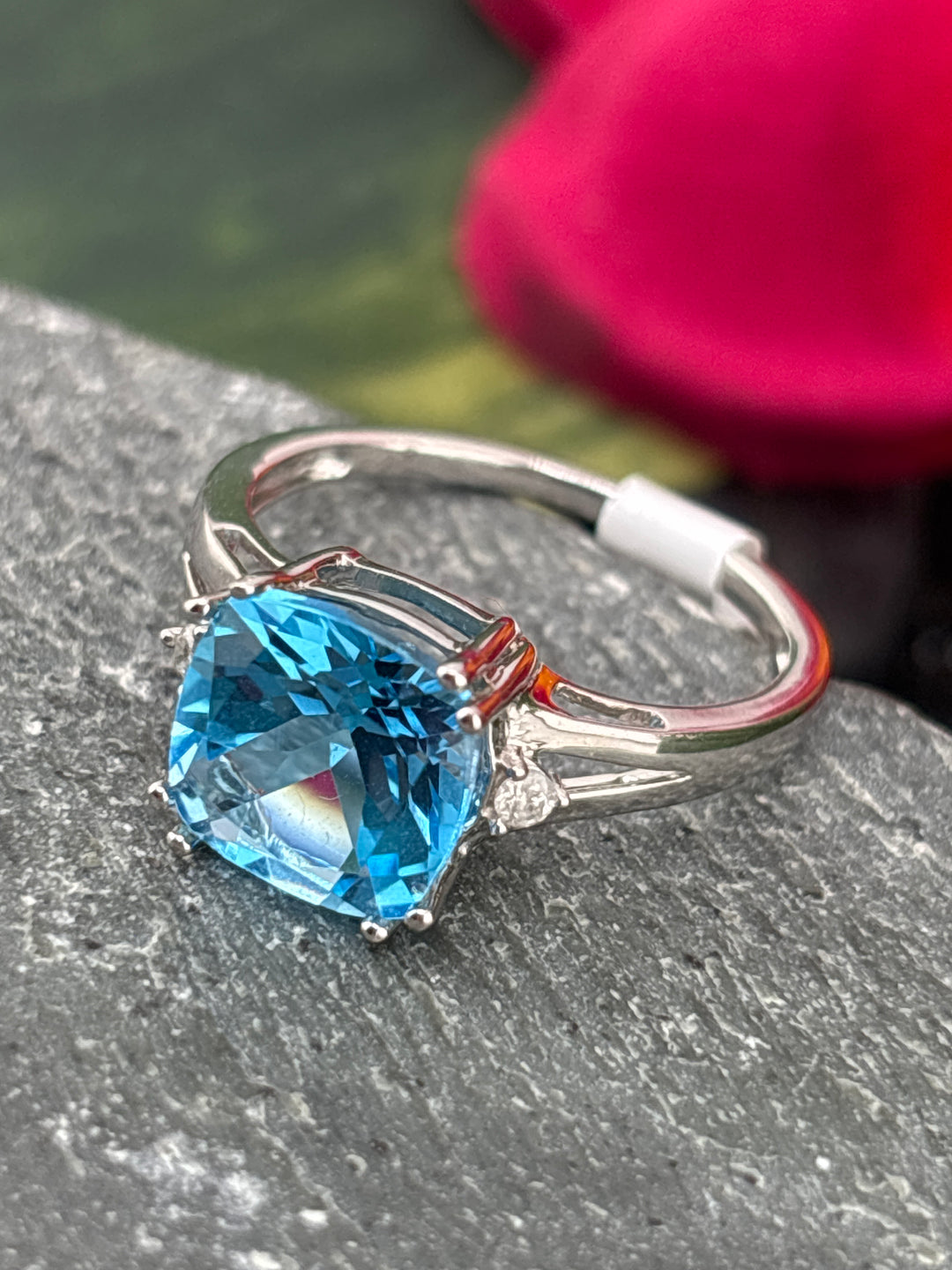 10k White Gold, Blue Topaz and Diamonds Ring Size 6.75