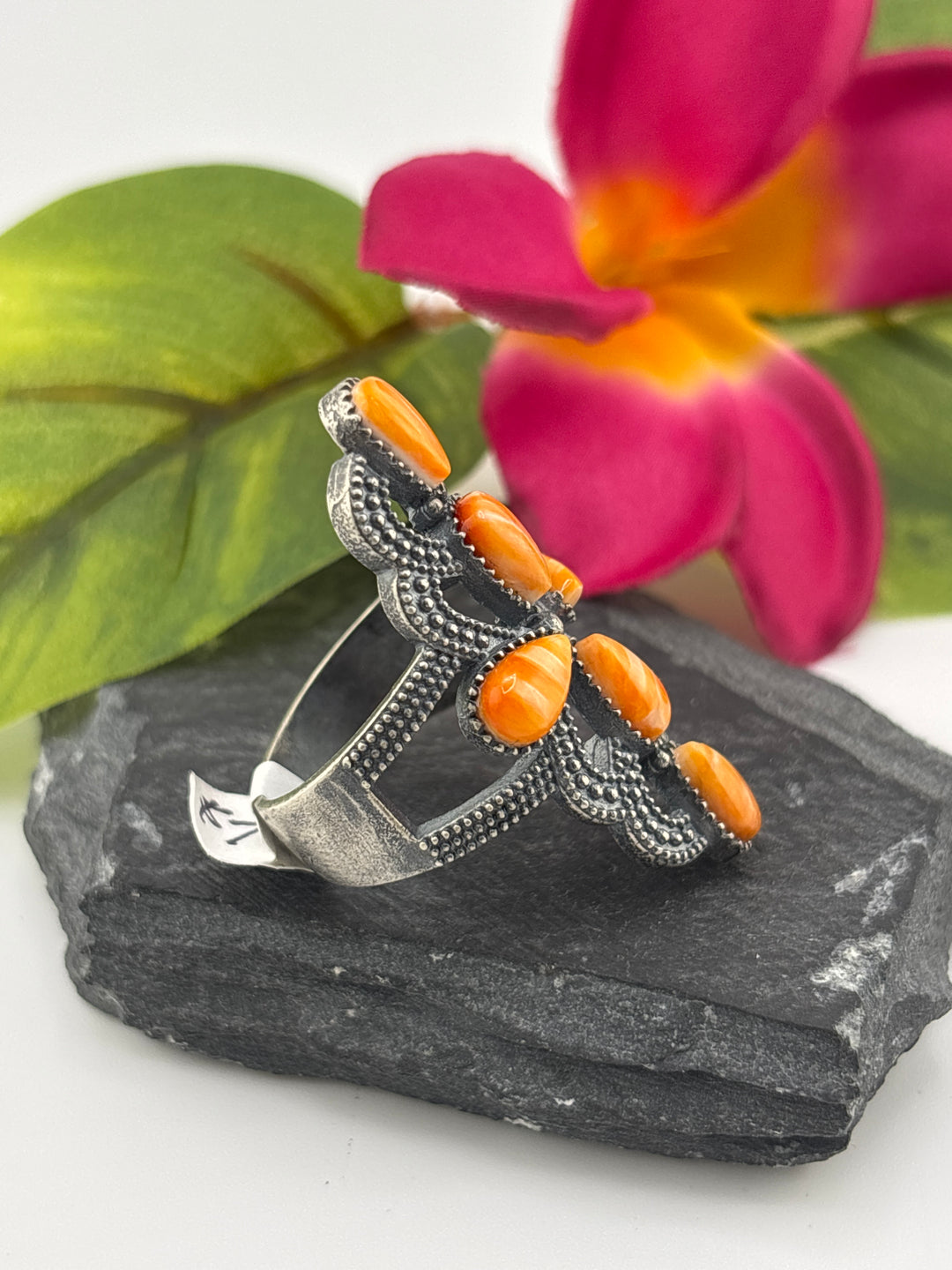 Orange Spiny oyster and 925 Sterling Silver Ring - Size 9