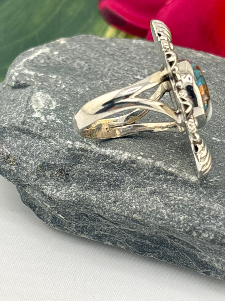 Spiny Oyster Copper Turquoise Ring Size 7