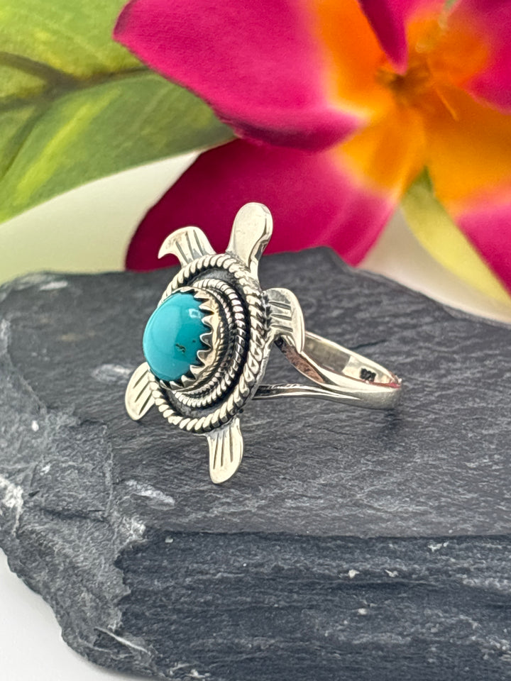 Turquoise and 925 Sterling Silver Turtle Ring Size 6.75
