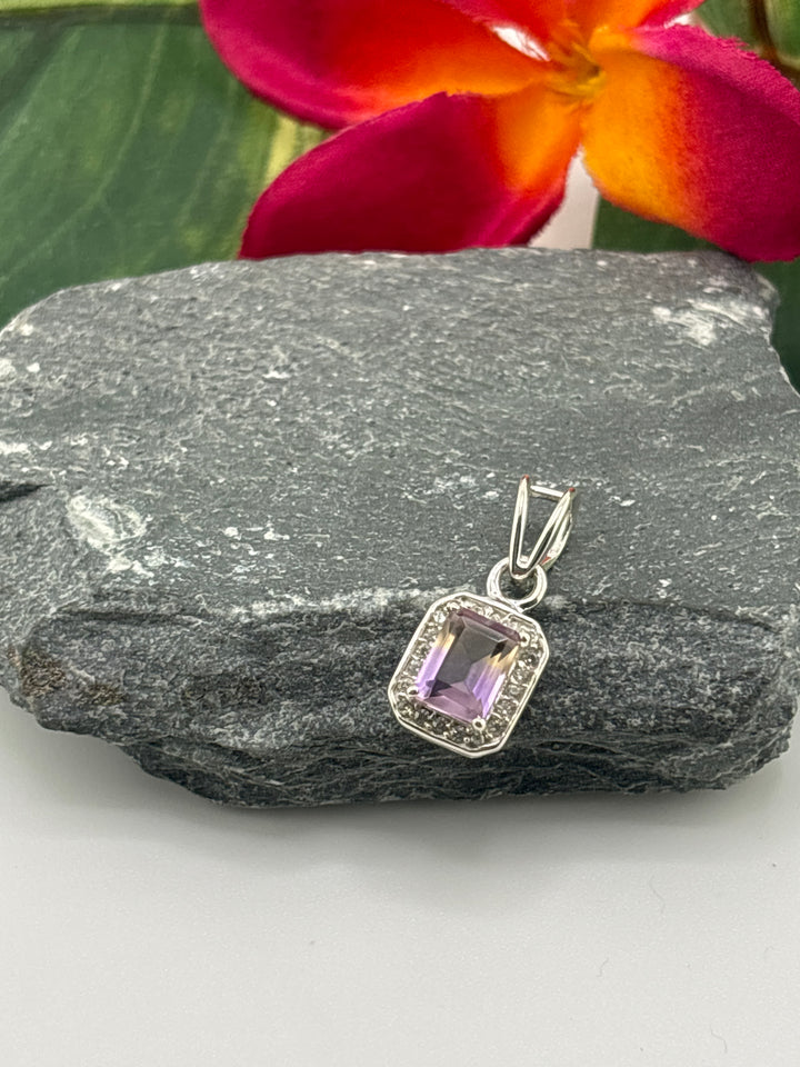Emerald Cut Amitrine Pendant w/CZ