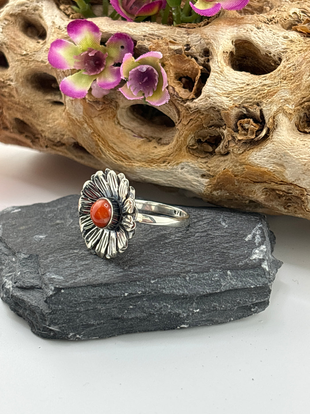 Italian Red Coral Flower Ring Size 9 1/4