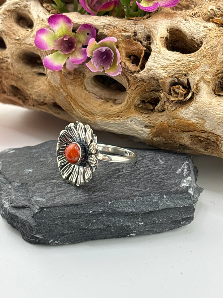 Italian Red Coral Flower Ring Size 9 1/4