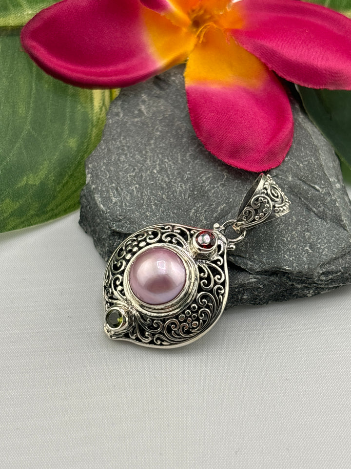 Pink Mabe Pearl/Garnet/Peridot Bali Pendant