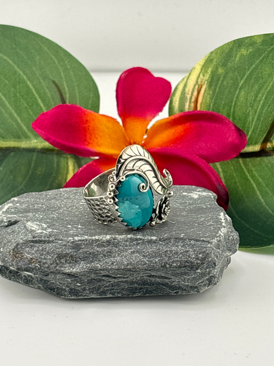 Hubei Turquoise w/Floral Design Ring Size 6 Adjustable