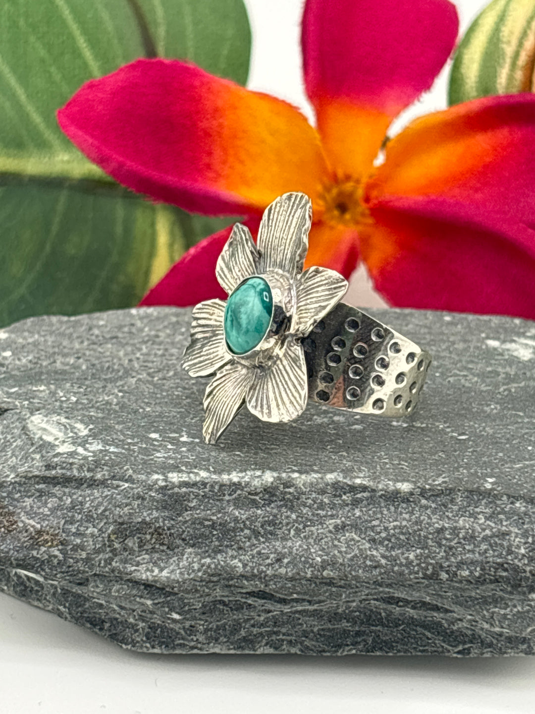 Hubei Turquoise Flower Ring Size 7 Adjustable