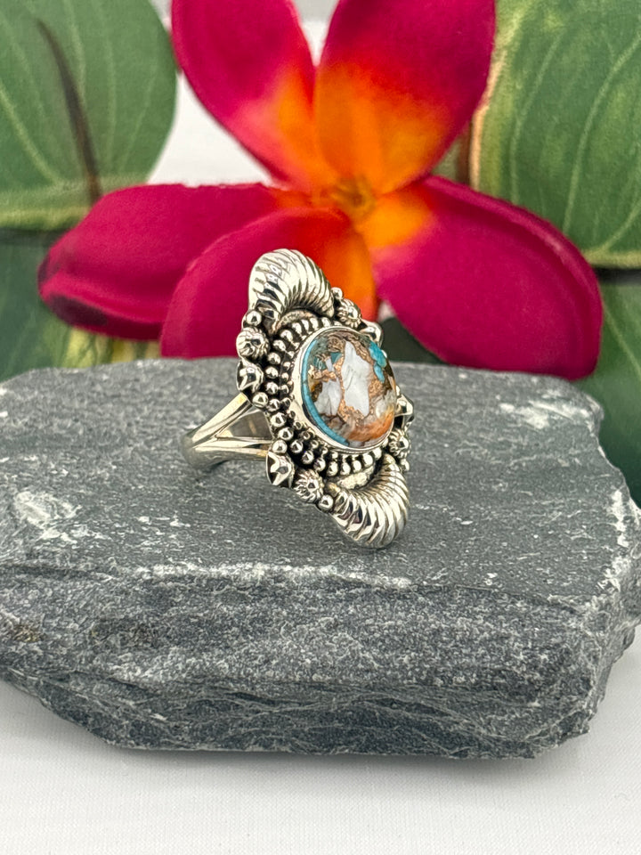 Spiny Oyster Copper Turquoise Ring Size 6