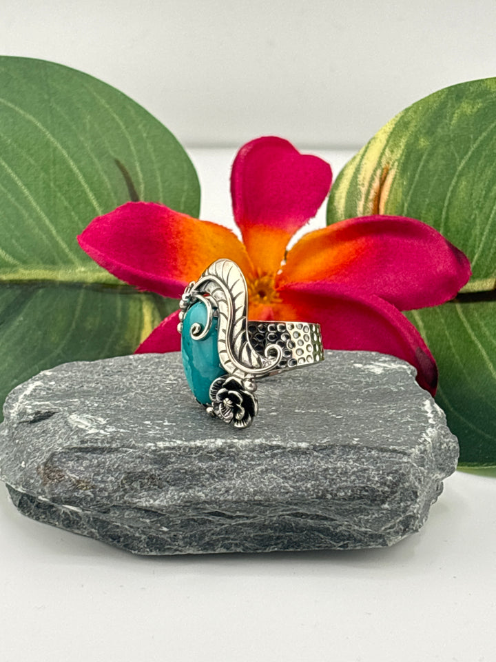 Hubei Turquoise w/Floral Design Ring Size 6 Adjustable