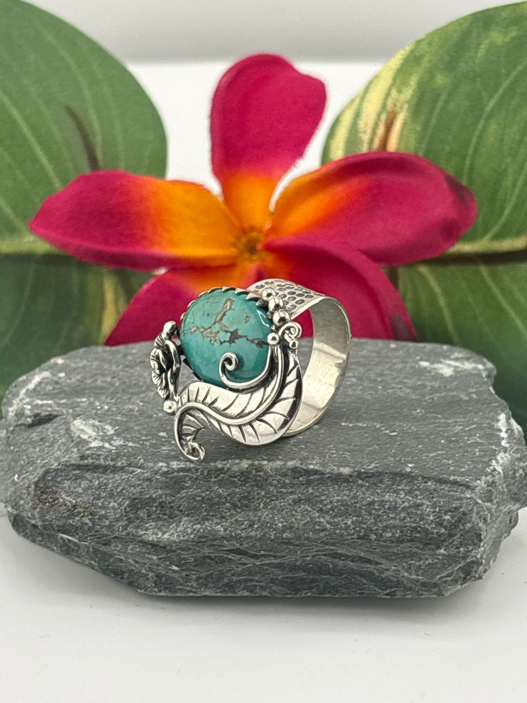 Hubei Turquoise w/Floral Design Ring Size 8 Adjustable