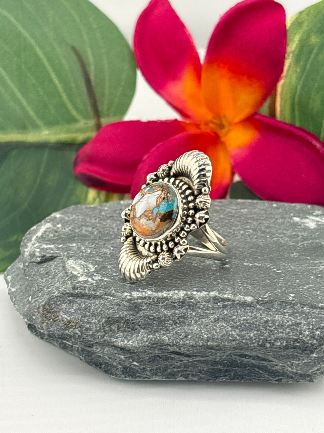 Spiny Oyster Copper Turquoise Ring Size 6