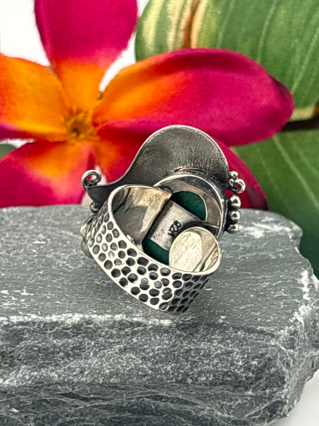 Hubei Turquoise w/Floral Design Ring Size 8 Adjustable