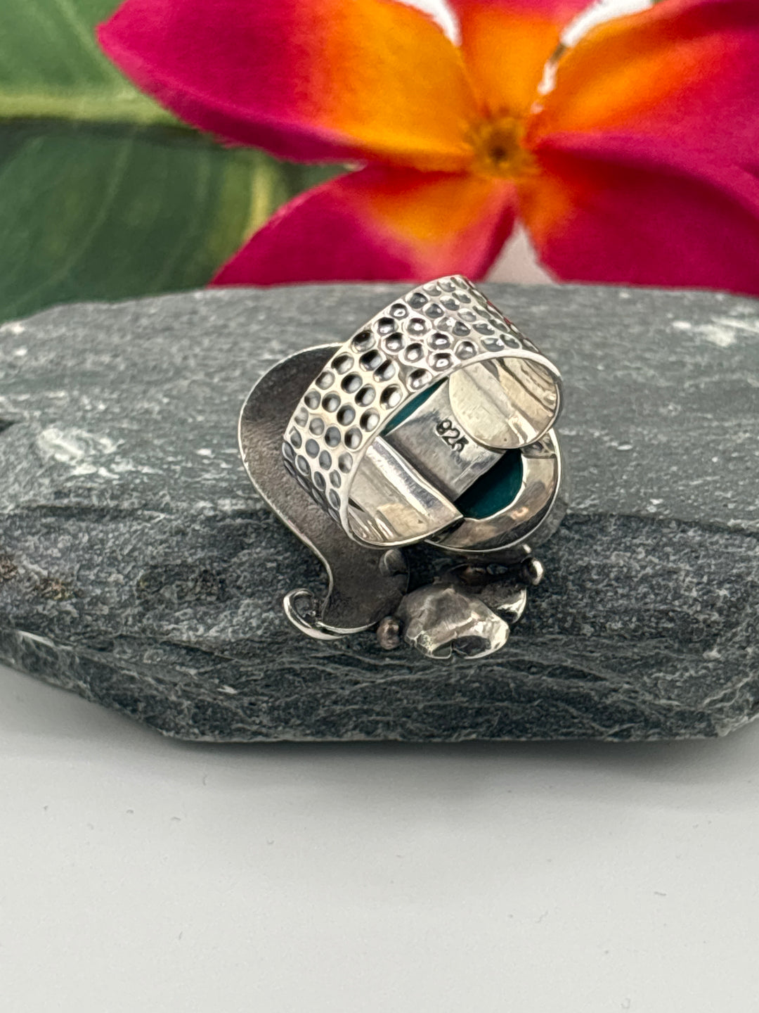 Hubei Turquoise w/Floral Design Ring Size 6 Adjustable