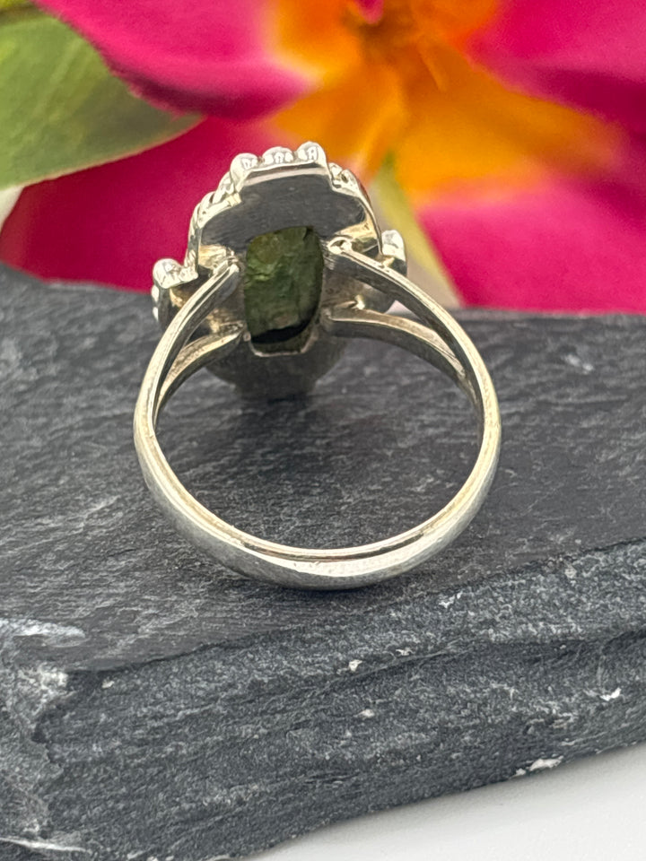 Raw Green Tourmaline and 925 Sterling Silver Ring Size 9