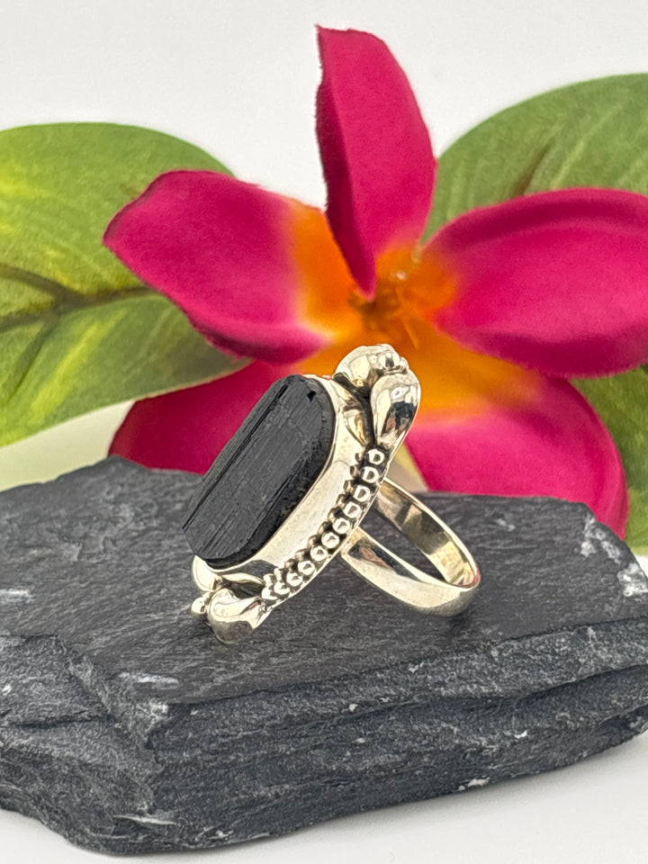Raw Black Tourmaline and 925 Sterling Silver Ring Size 8