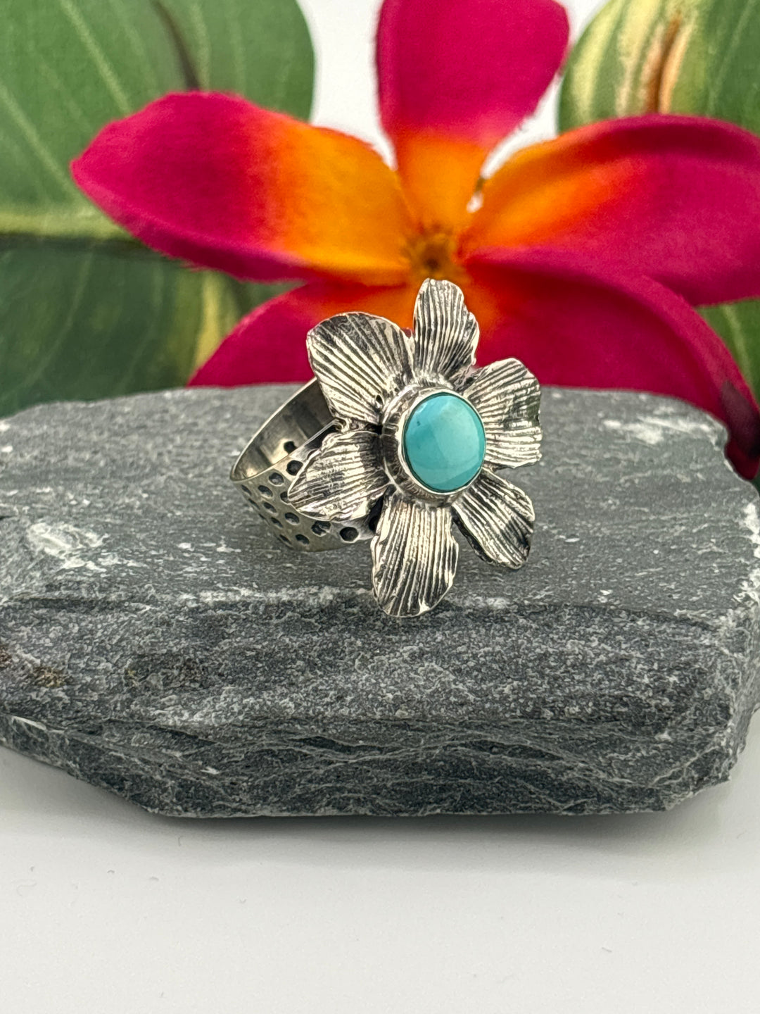 Hubei Turquoise Flower Ring Size 7 Adjustable