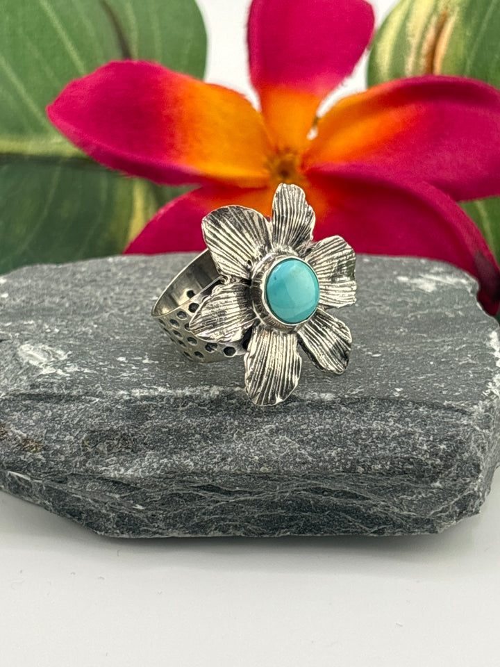 Hubei Turquoise Flower Ring Size 7 Adjustable