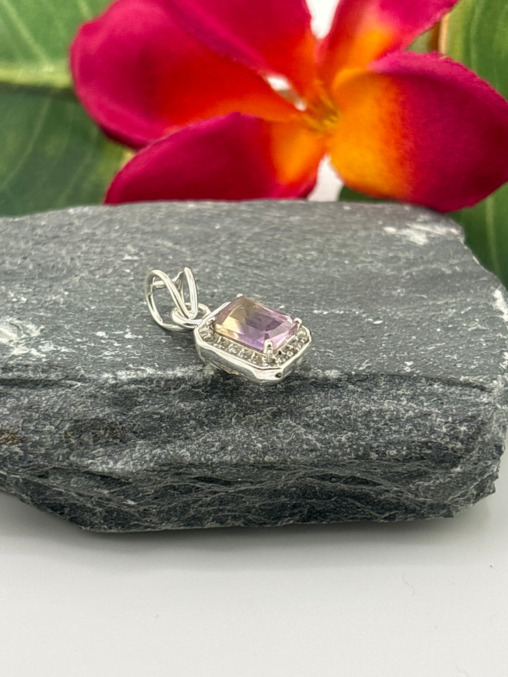 Emerald Cut Amitrine Pendant w/CZ