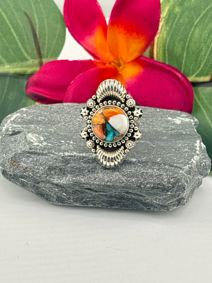 Spiny Oyster Copper Turquoise Ring Size 6