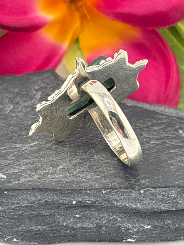 Raw Green Tourmaline and 925 Sterling Silver Ring Size 8