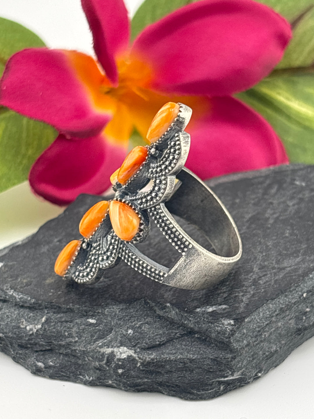 Orange Spiny Oyster Cross and 925 Sterling Silver Ring Size 10