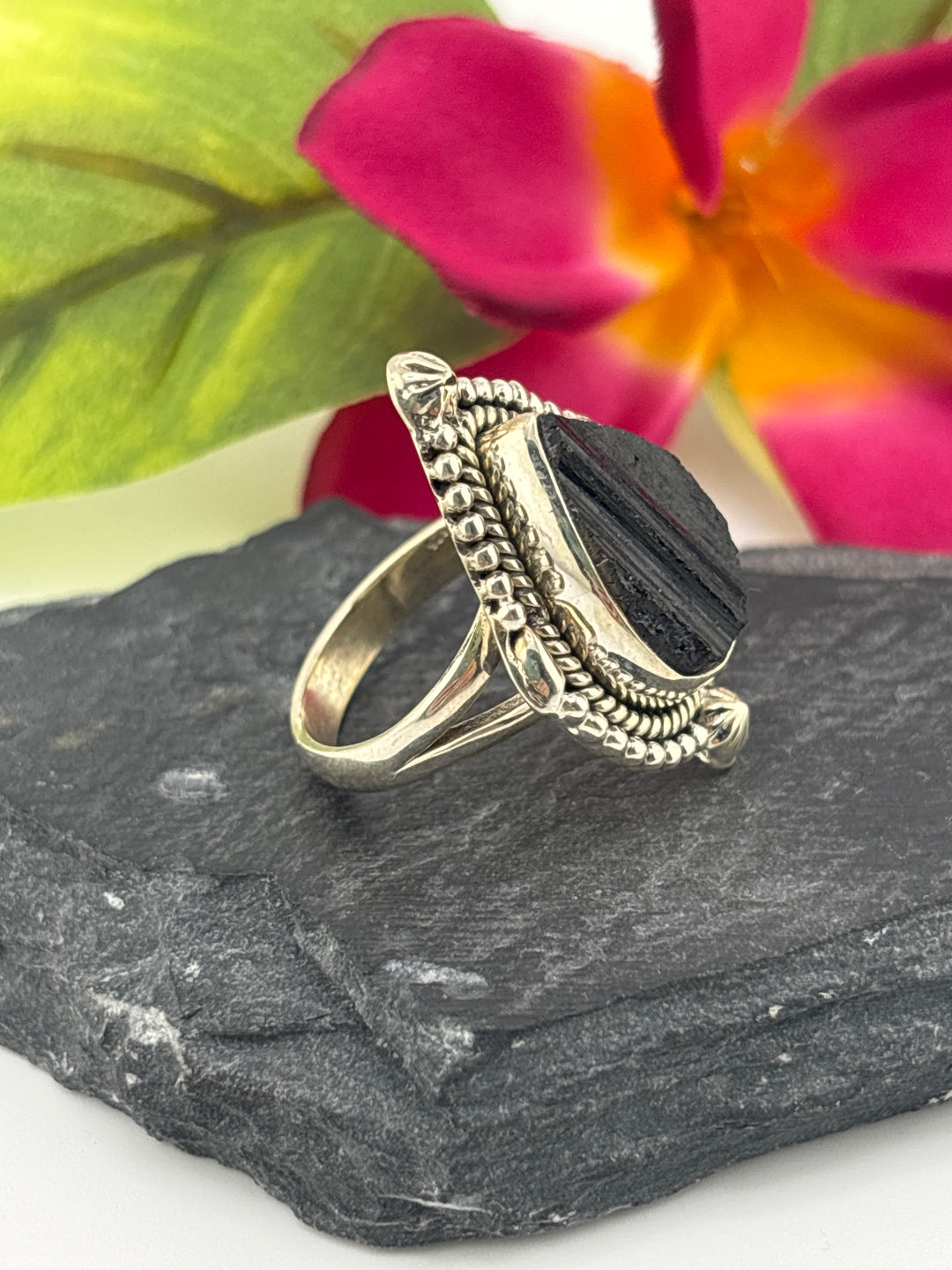 Raw Black Tourmaline and 925 Sterling Silver Ring Size 8.25