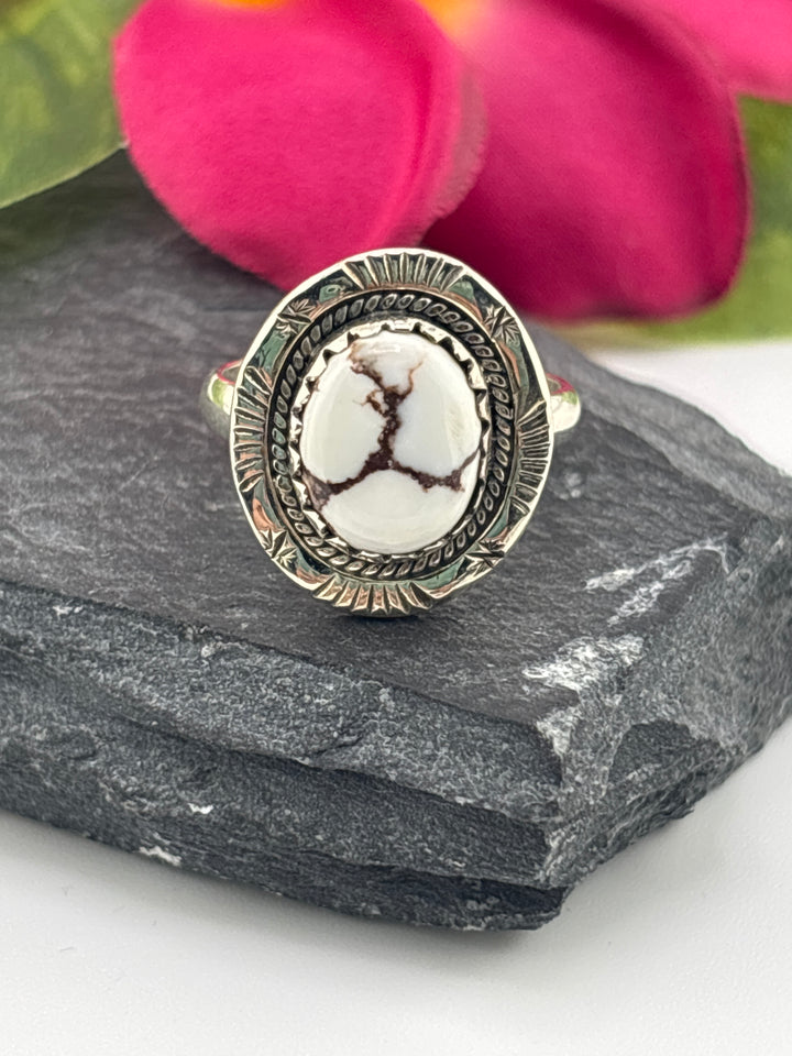 Round Wild Horse Jasper and 925 Sterling Silver Ring Size 7