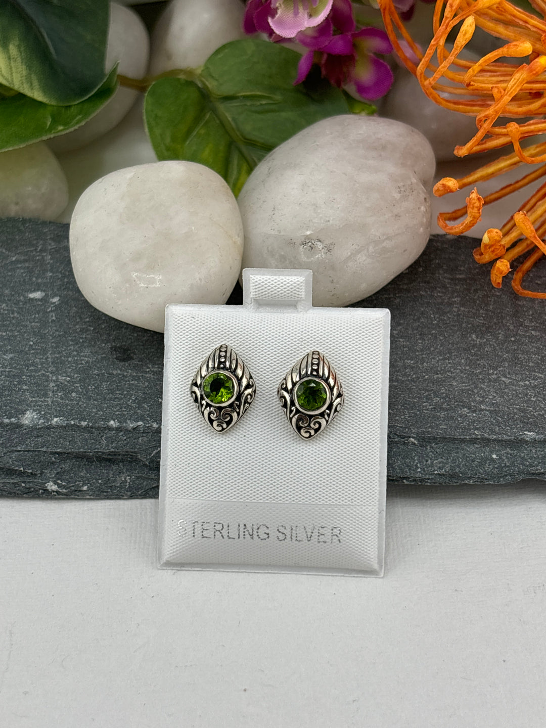 Green Bali CZ Stud Earrings