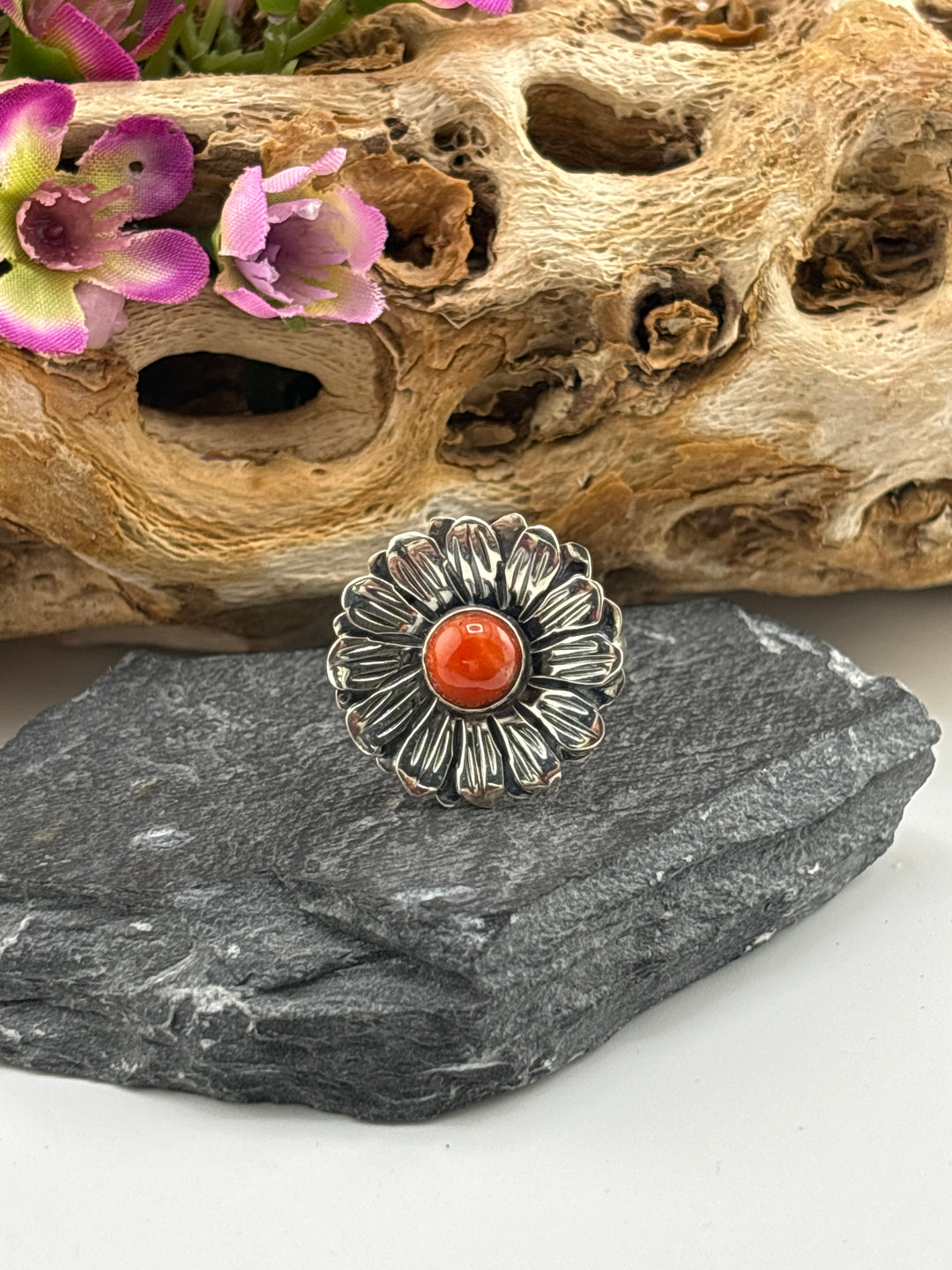 Italian Red Coral Flower Ring Size 9 1/4