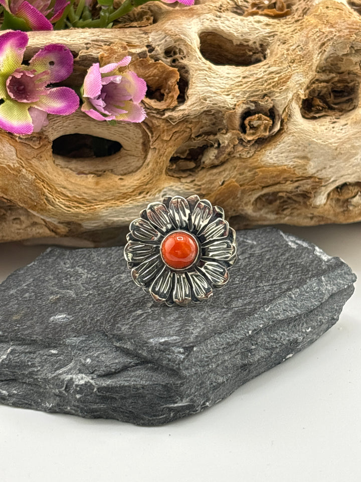 Italian Red Coral Flower Ring Size 9 1/4