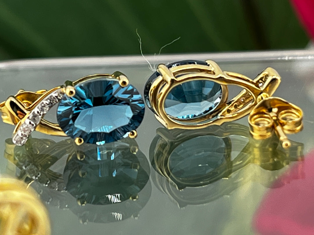 10K Gold London blue Topaz and Diamond Earrings