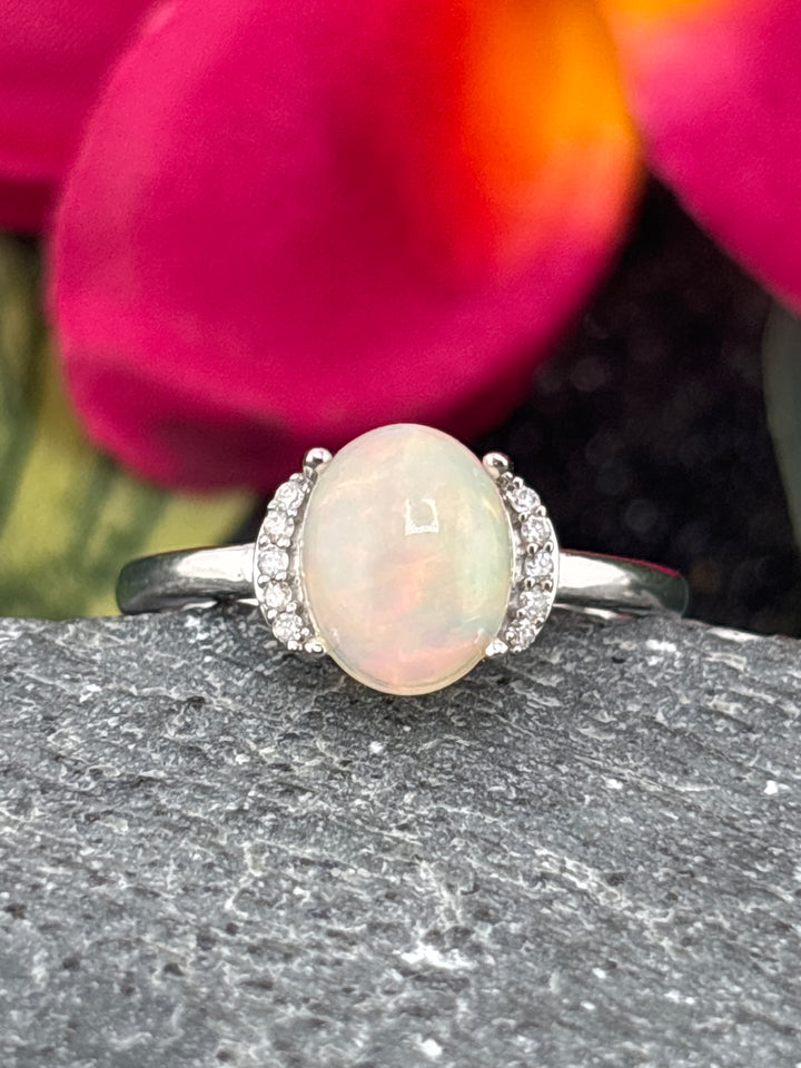 10k White Gold, Natural Diamonds and Ethiopian Opal Ring Size 6.75
