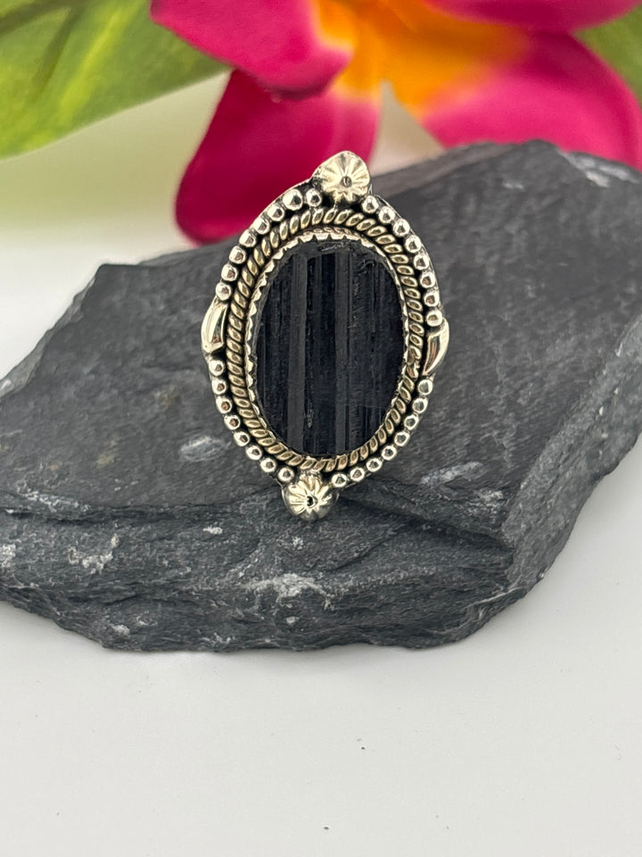 Raw Black Tourmaline and 925 Sterling Silver Ring Size 9
