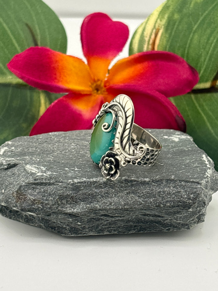 Hubei Turquoise w/Floral Design Ring Size 5 Adjustable