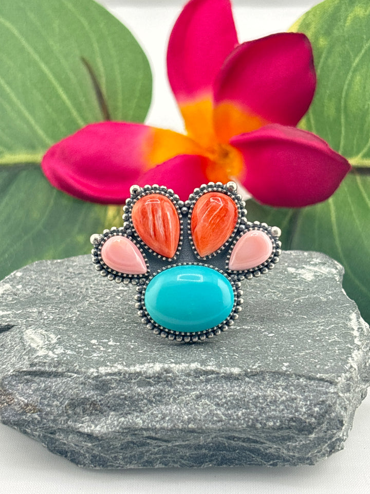 Queen conch/Turquoise/Red Spiny Oyster Paw Ring Size 10.25