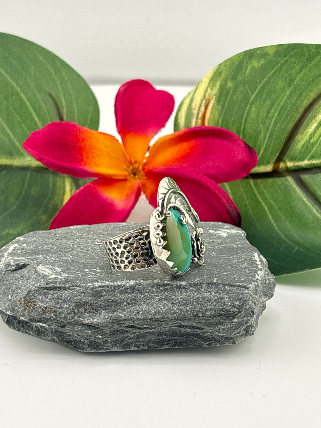 Hubei Turquoise w/Floral Design Ring Size 5 Adjustable