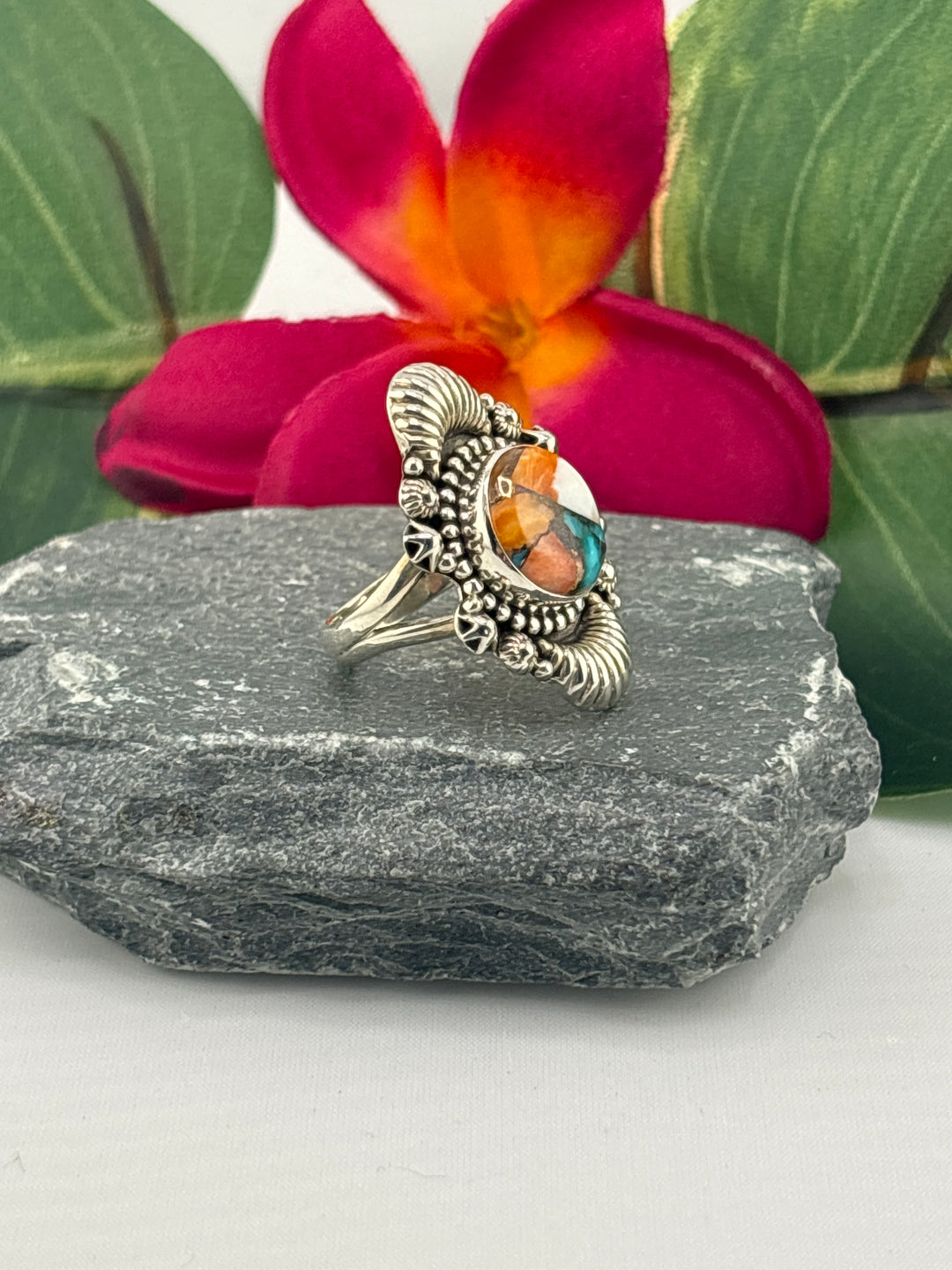 Spiny Oyster Copper Turquoise Ring Size 6