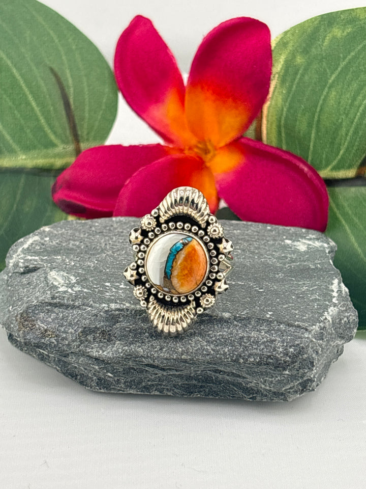 Spiny Oyster Copper Turquoise Ring Size 9.25