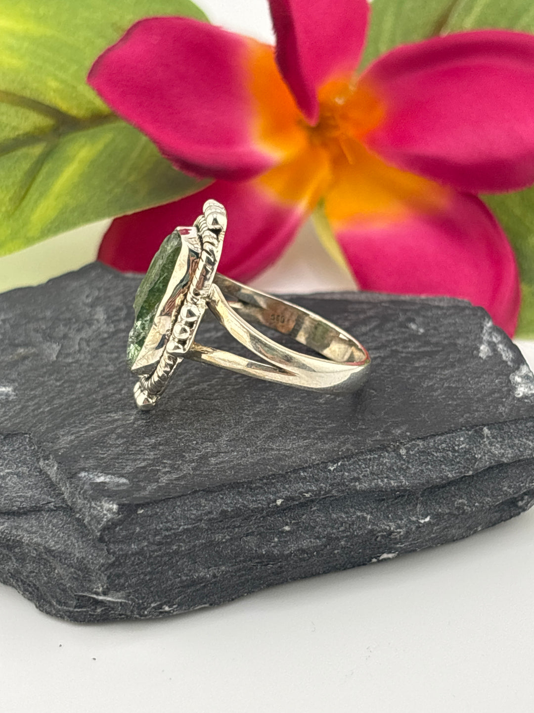 Raw Green Tourmaline and 925 Sterling Silver Ring Size 9