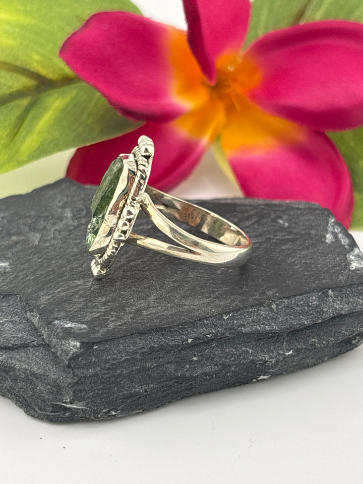 Raw Green Tourmaline and 925 Sterling Silver Ring Size 9