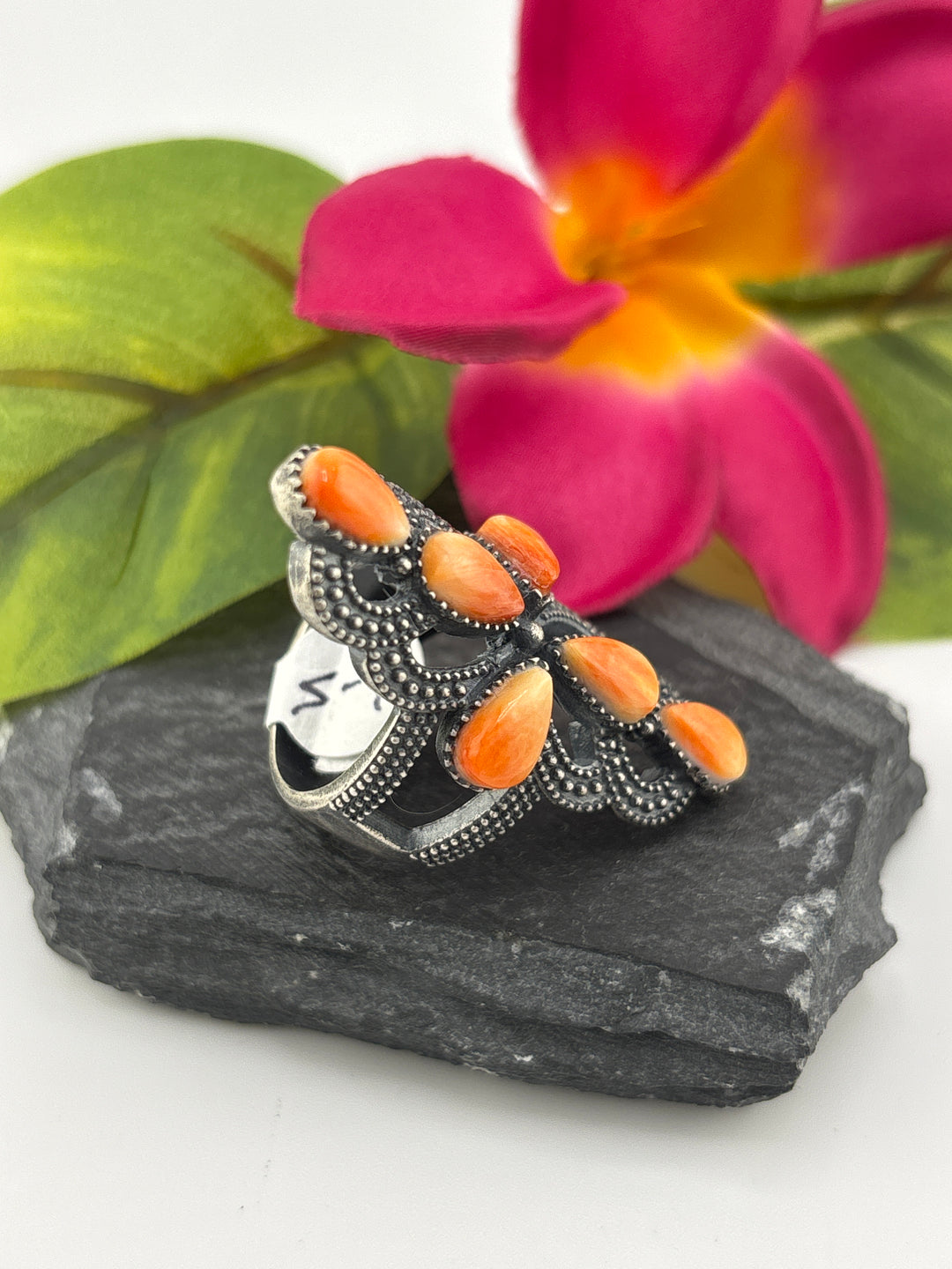 Orange Spiny oyster and 925 Sterling Silver Ring - Size 7