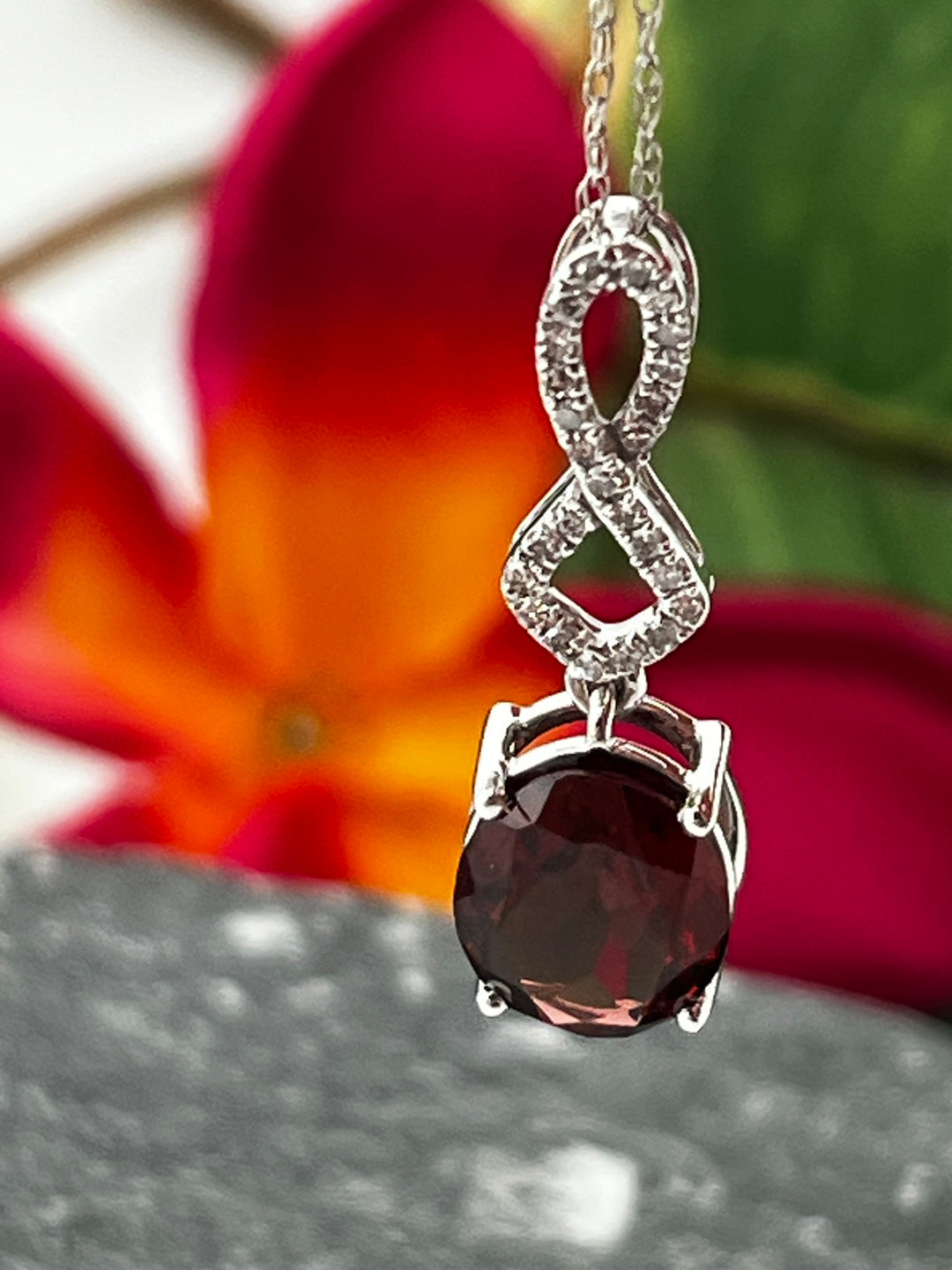 10K White Gold Garnet and Diamond Necklace