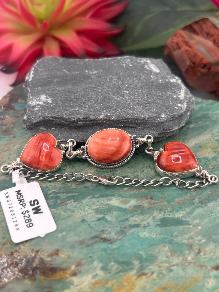 Southwest 925 Sterling Silver Triple Red Spiny Oyster Bracelet