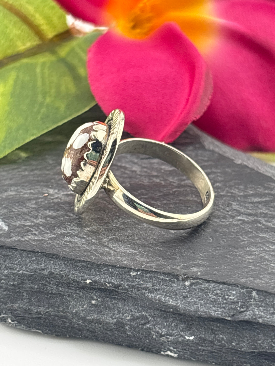 Round Wild Horse Jasper and 925 Sterling Silver Ring Size 6