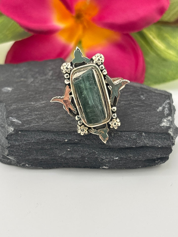 Raw Green Tourmaline and 925 Sterling Silver Ring Size 8